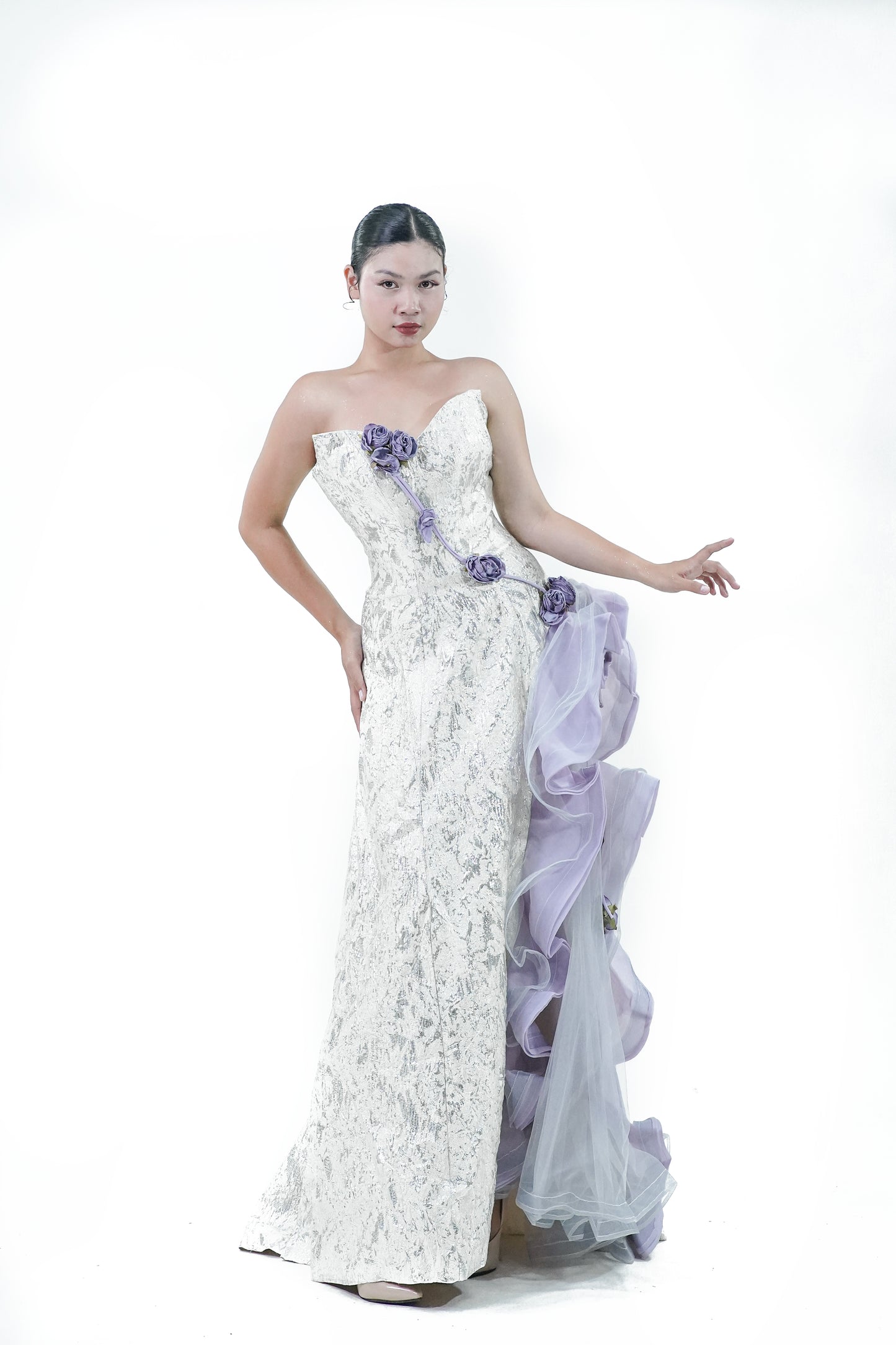 Floral Purple Gold Ruffles Evening Gown - Noelle West Bridals