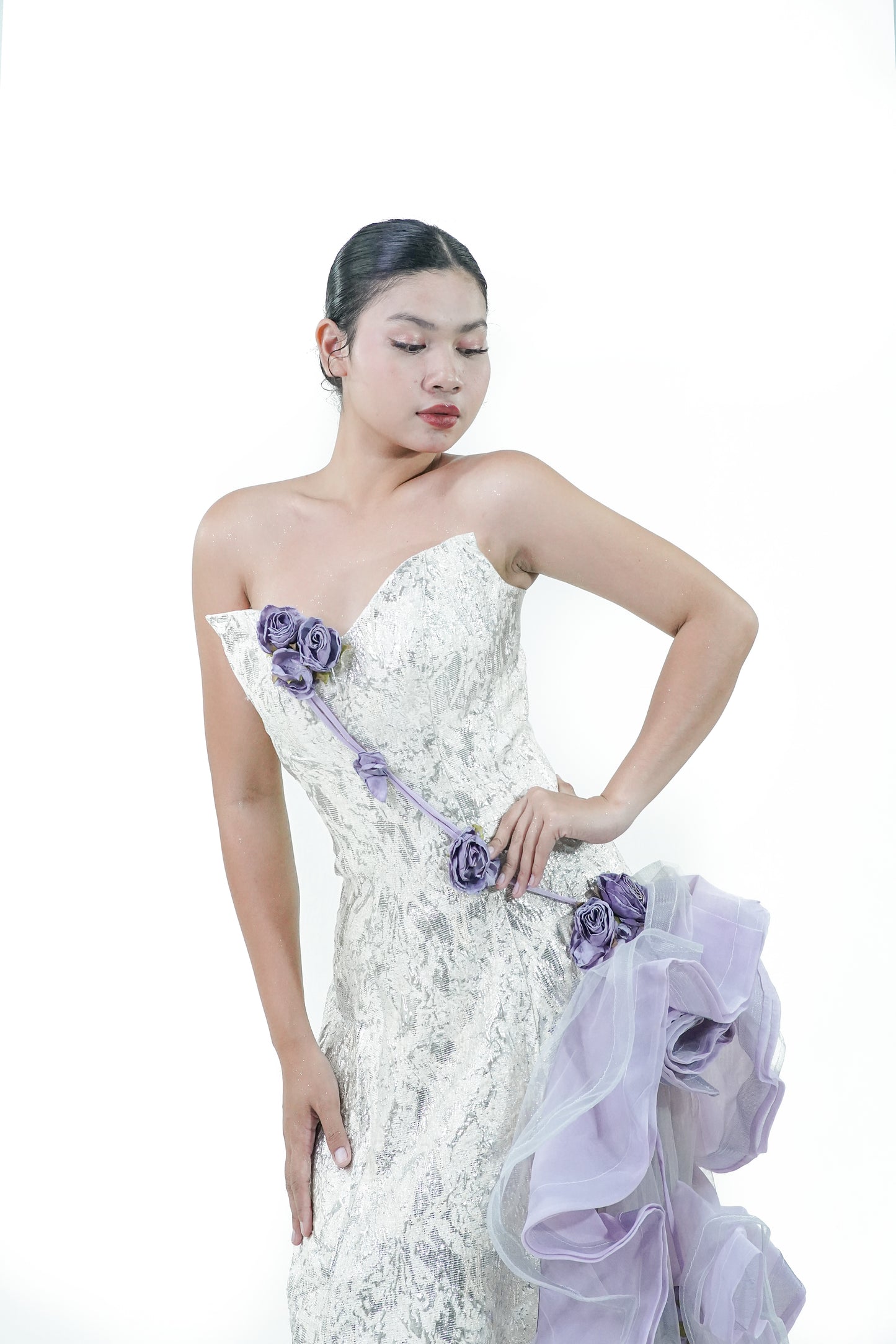 Floral Purple Gold Ruffles Evening Gown - Noelle West Bridals