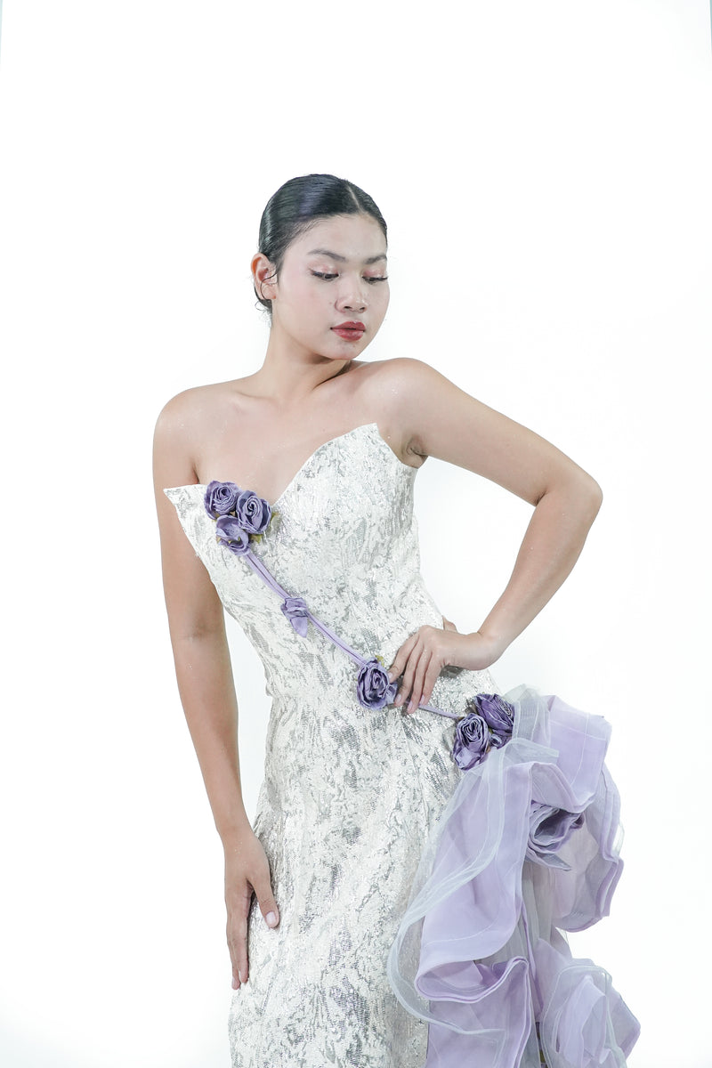 Floral Purple Gold Ruffles Evening Gown - Noelle West Bridals