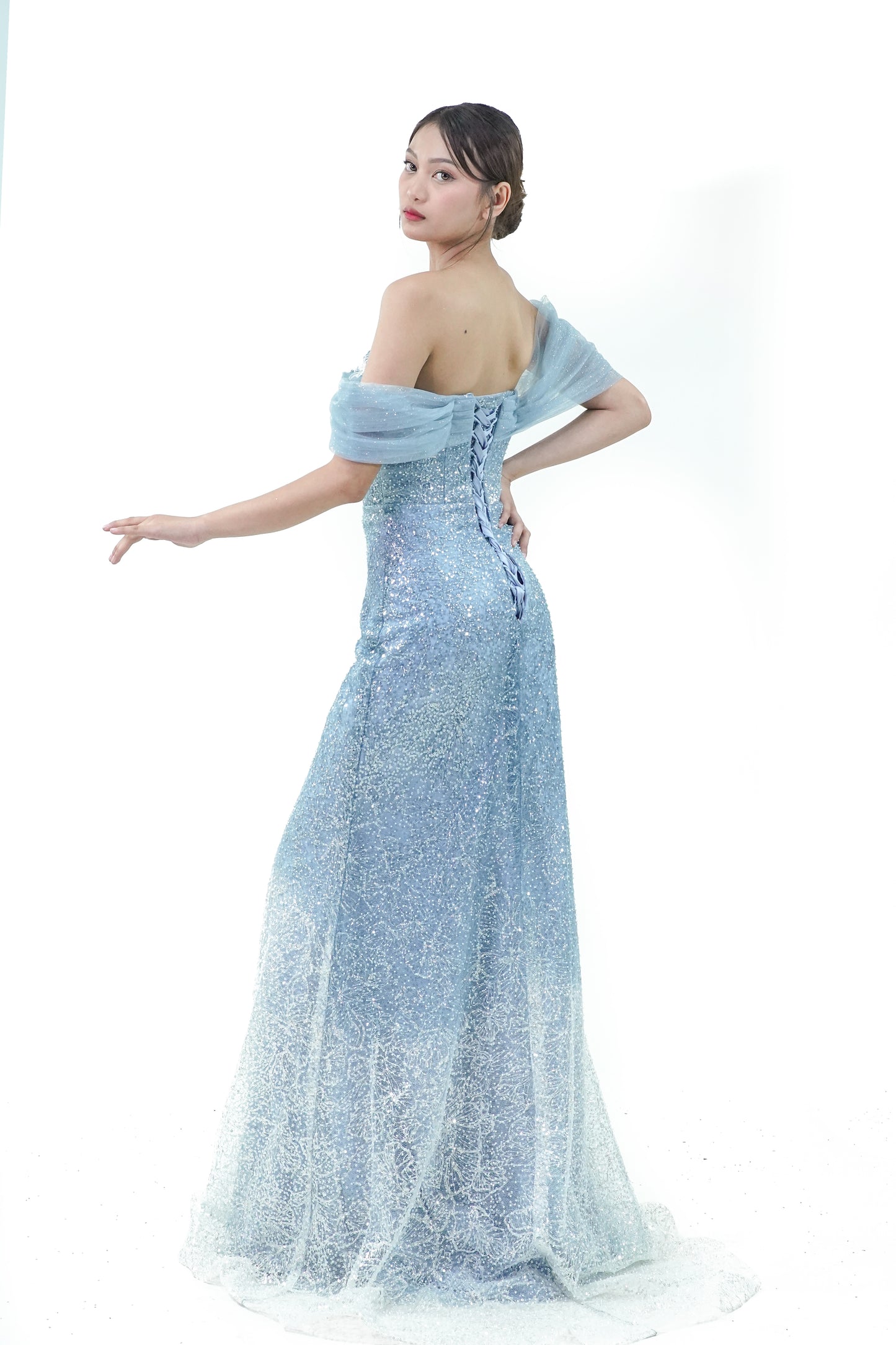 Off-Shoulder Water Blue Ethereal Evening Gown - Noelle West Bridals