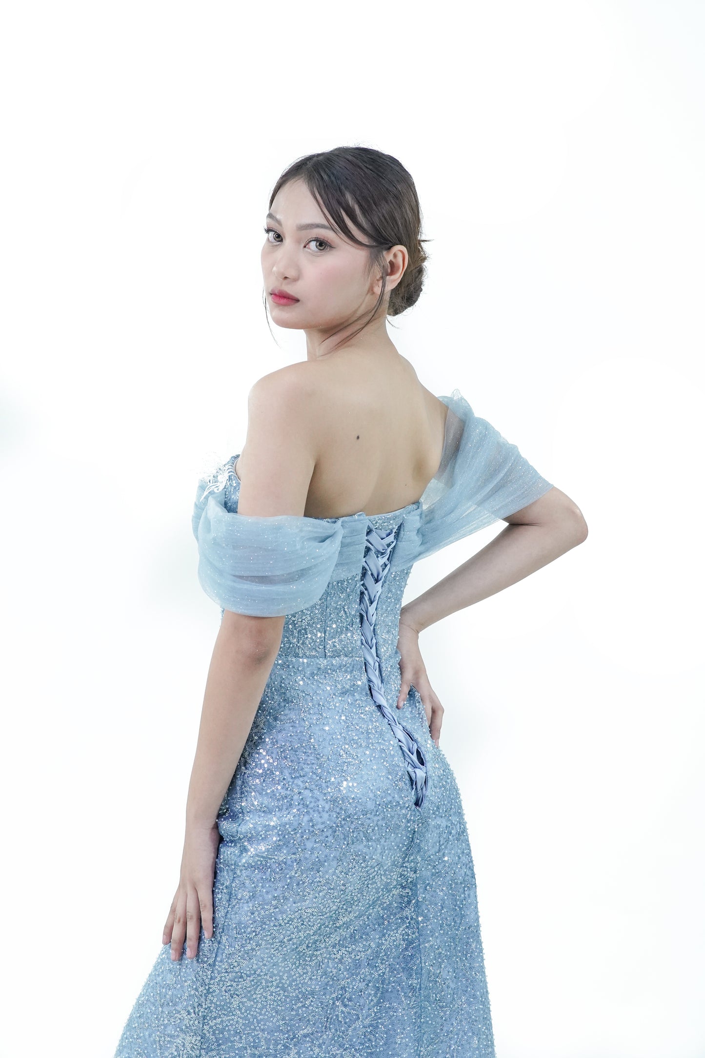 Off-Shoulder Water Blue Ethereal Evening Gown - Noelle West Bridals