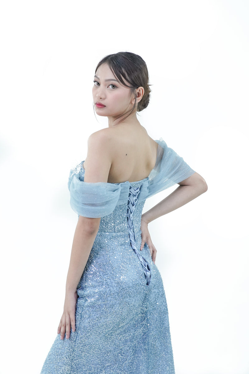 Off-Shoulder Water Blue Ethereal Evening Gown - Noelle West Bridals