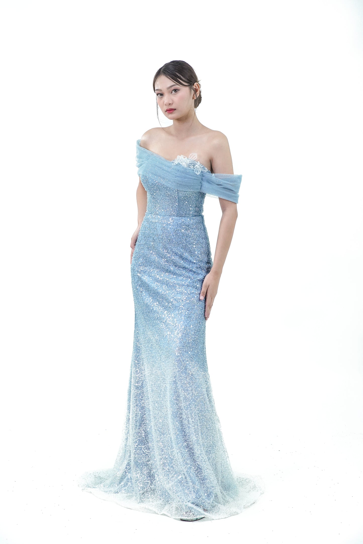 Off-Shoulder Water Blue Ethereal Evening Gown - Noelle West Bridals