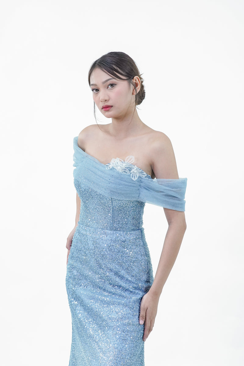 Off-Shoulder Water Blue Ethereal Evening Gown - Noelle West Bridals