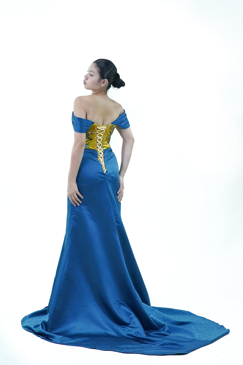 Off Shoulder Velvet Blue Yellow Evening Gown - Noelle West Bridals