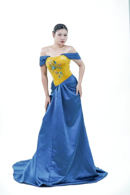 Off Shoulder Velvet Blue Yellow Evening Gown - Noelle West Bridals
