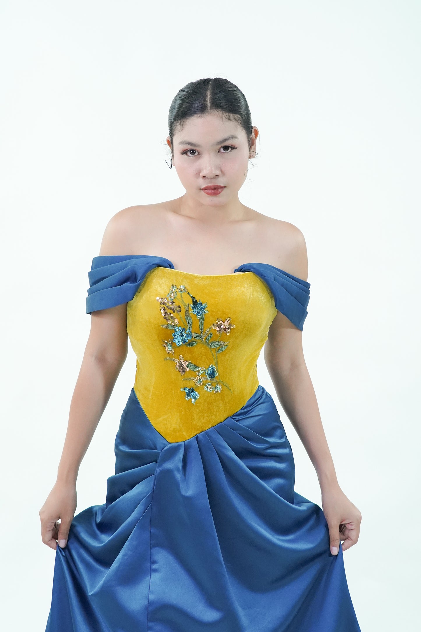 Off Shoulder Velvet Blue Yellow Evening Gown - Noelle West Bridals