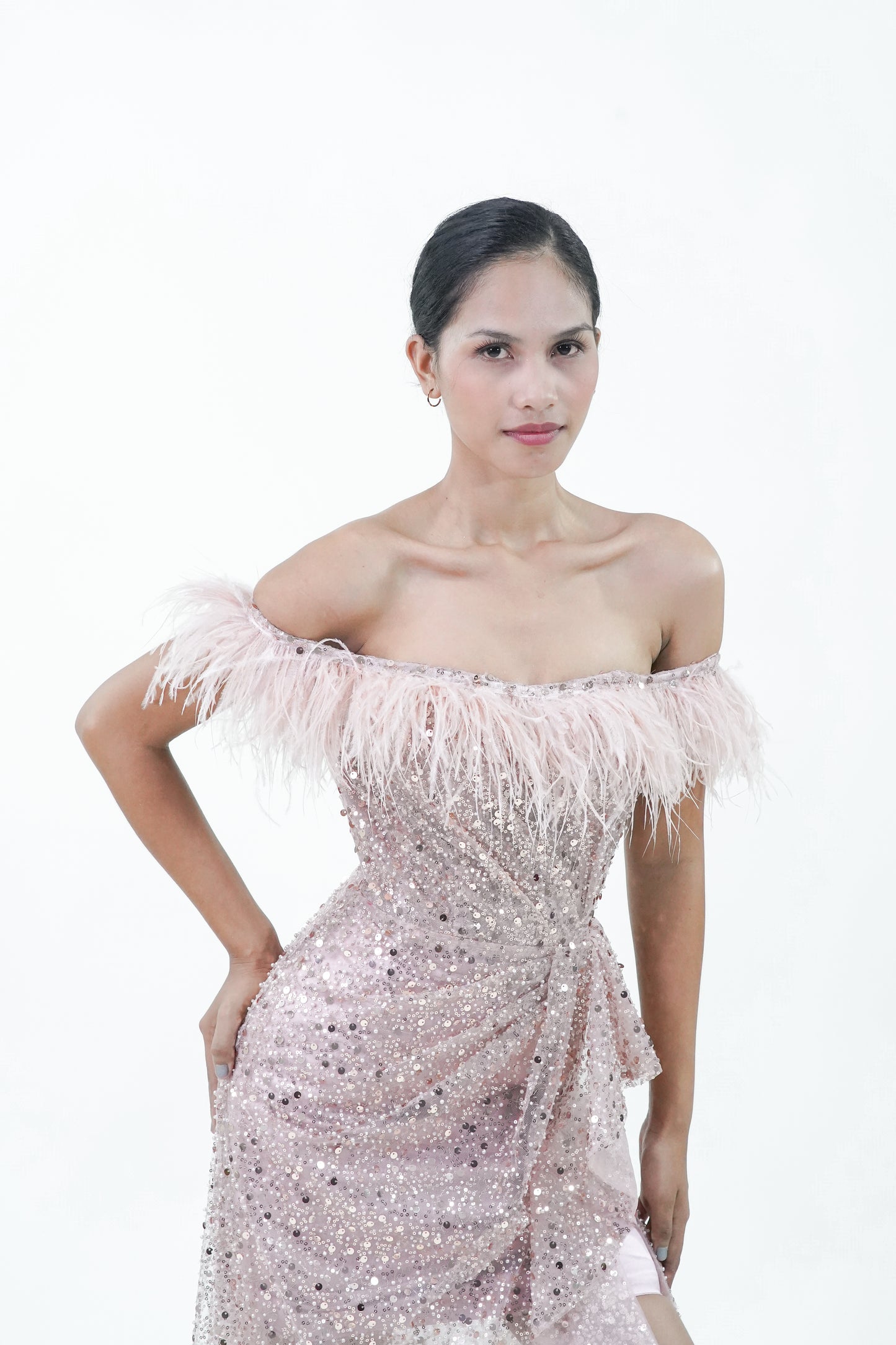 Ruffled Off-Shoulder Feathered Pink Evening Gown - Noelle West Bridals