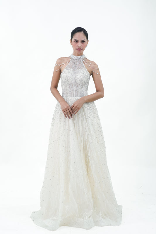 Yellow Halter Sparkly Evening Gown - Noelle West Bridals