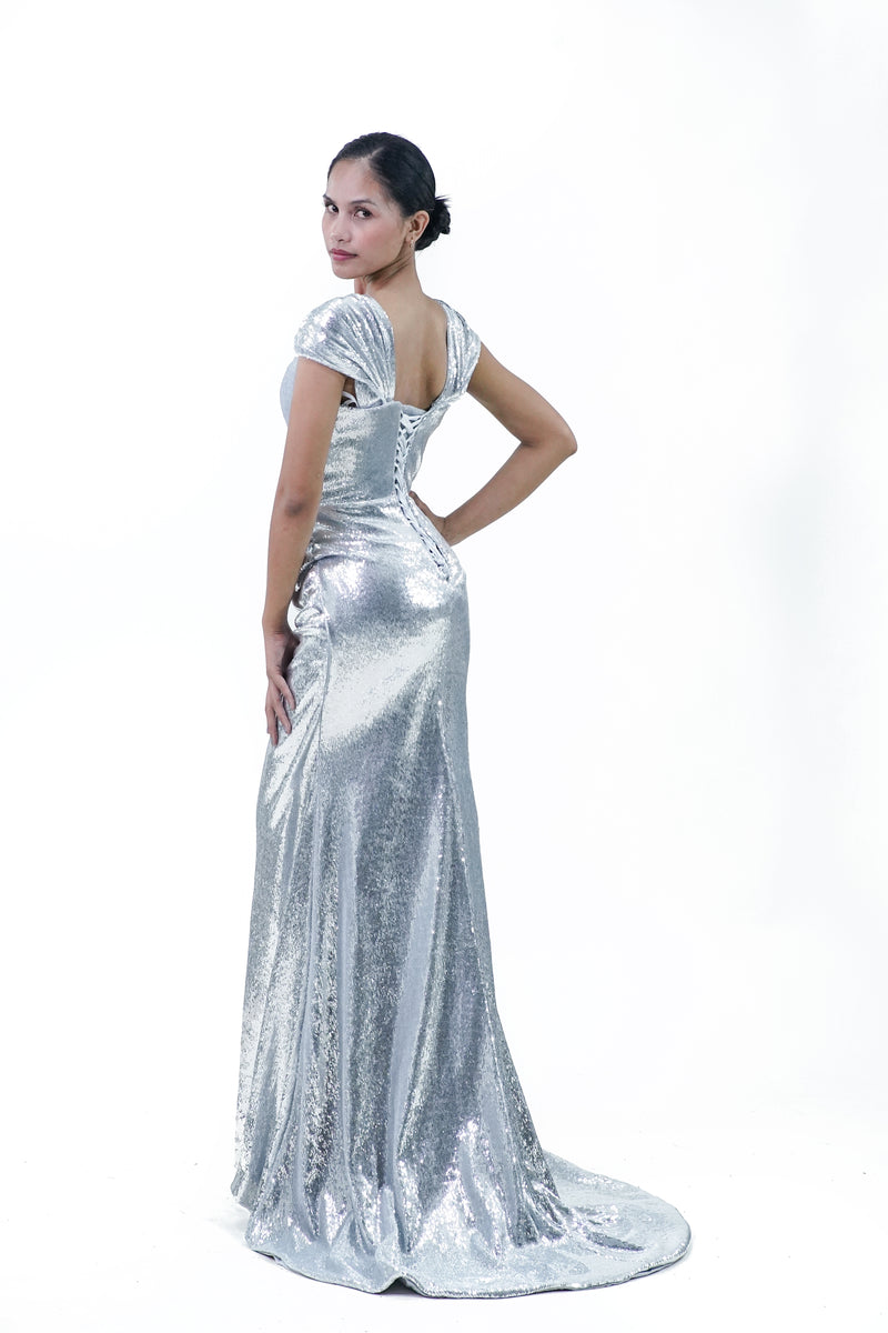 Silver Metallic Off-Shoulder Evening Gown - Noelle West Bridals