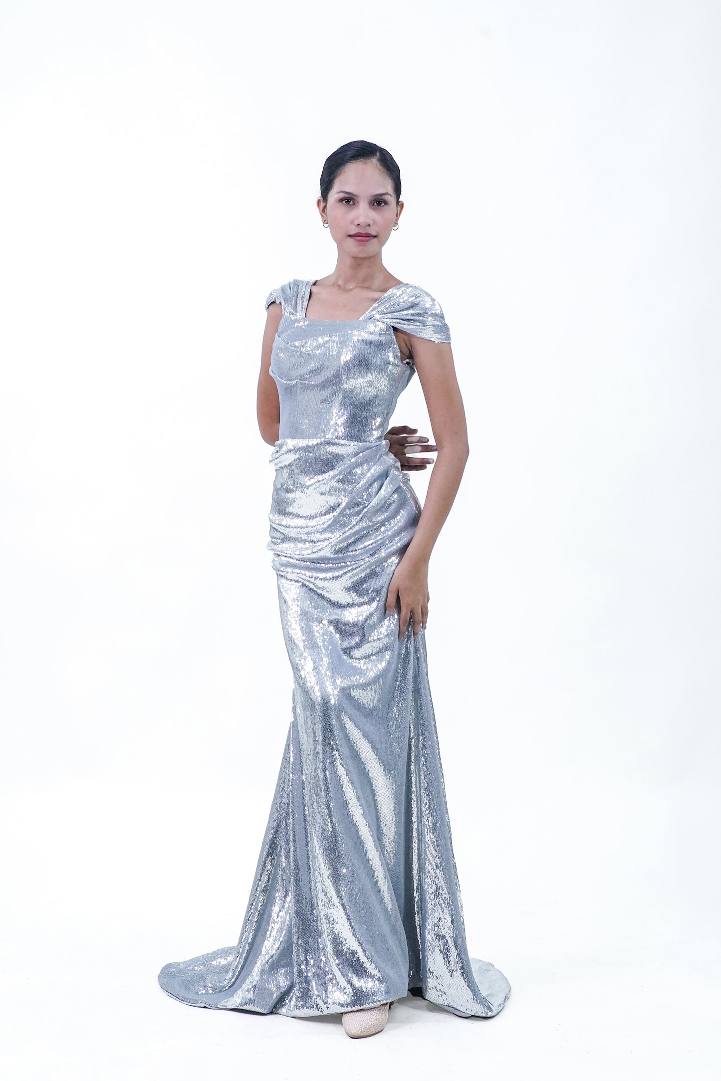 Silver Metallic Off-Shoulder Evening Gown - Noelle West Bridals