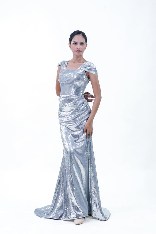 Silver Metallic Off-Shoulder Evening Gown - Noelle West Bridals