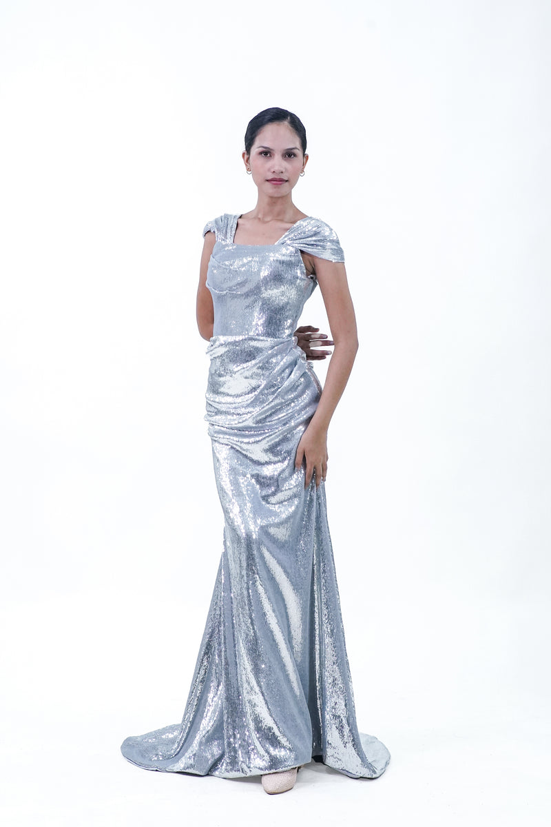 Silver Metallic Off-Shoulder Evening Gown - Noelle West Bridals