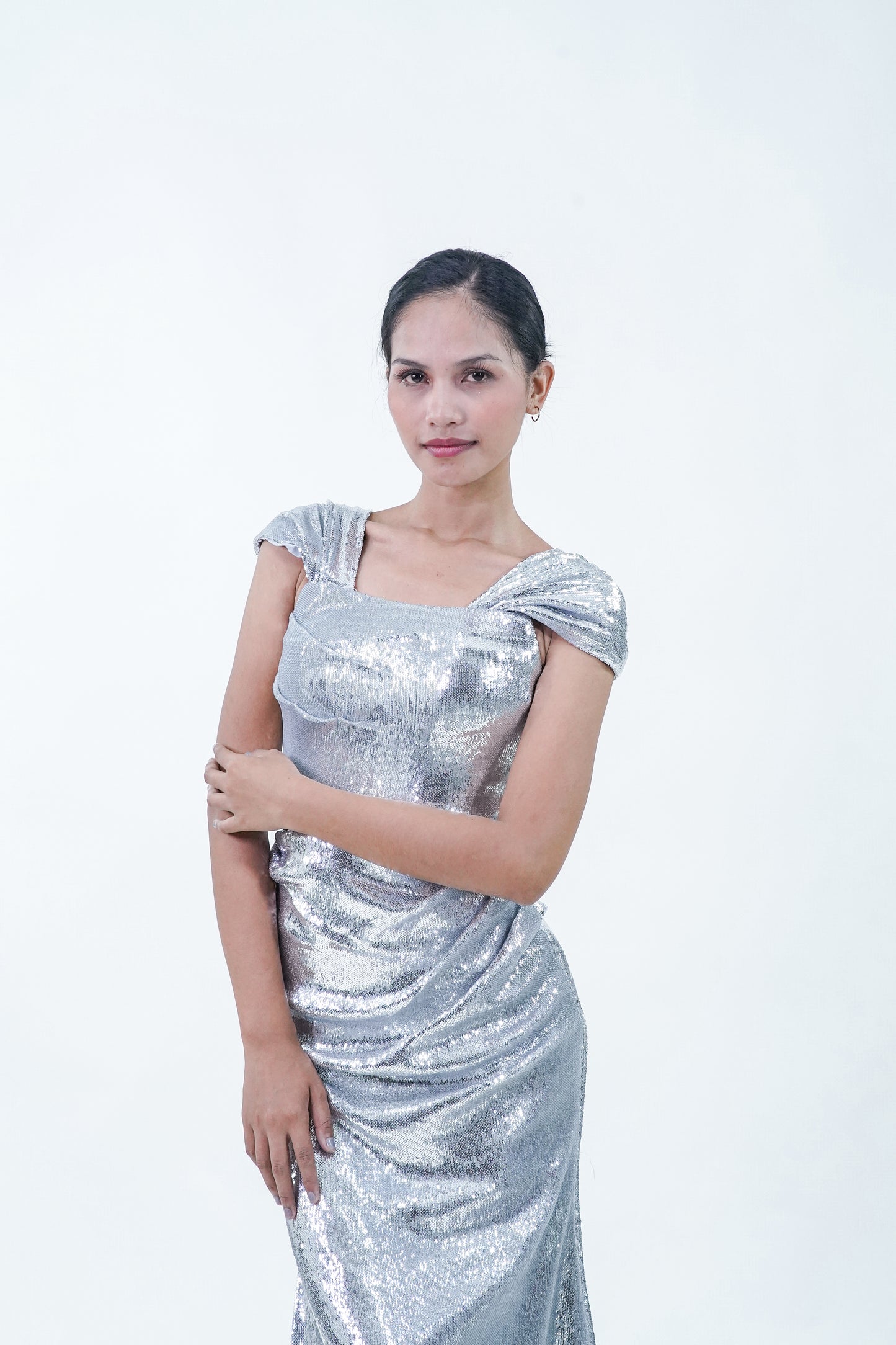 Silver Metallic Off-Shoulder Evening Gown - Noelle West Bridals