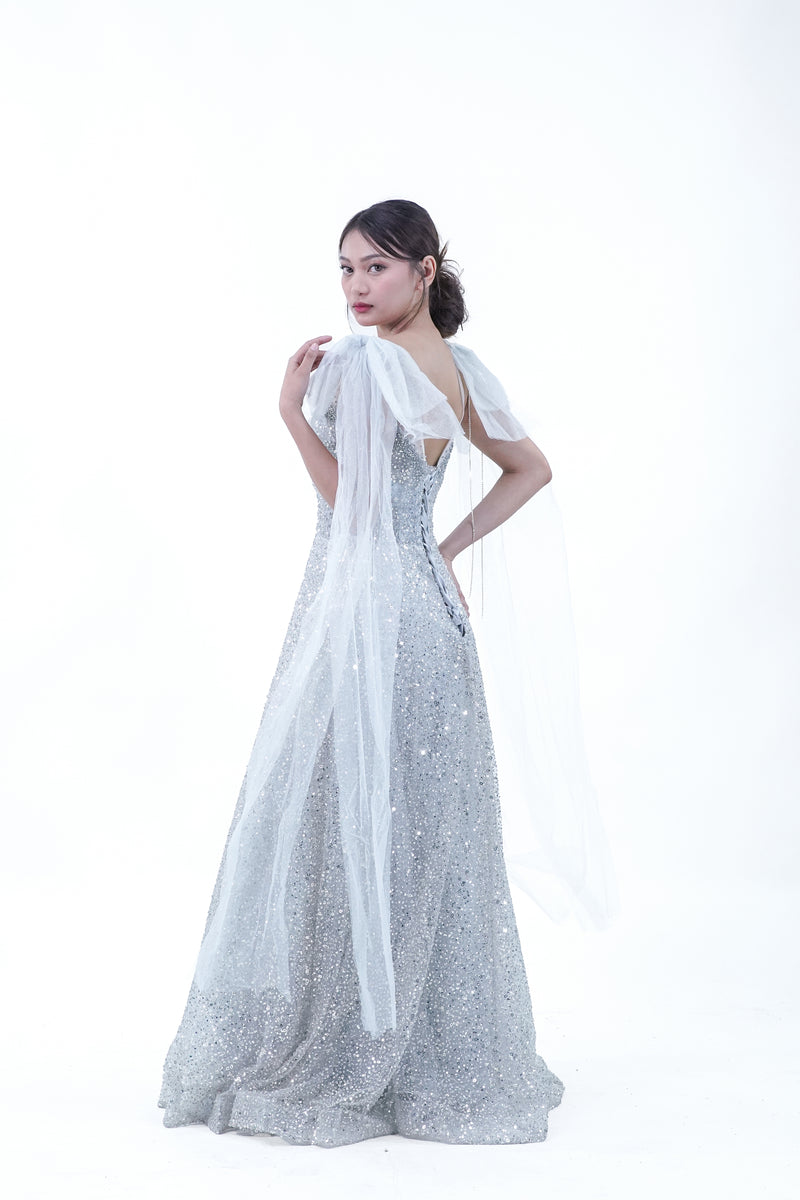Enchanted Fairy Silver Sparkly Evening Gown - Noelle West Bridals