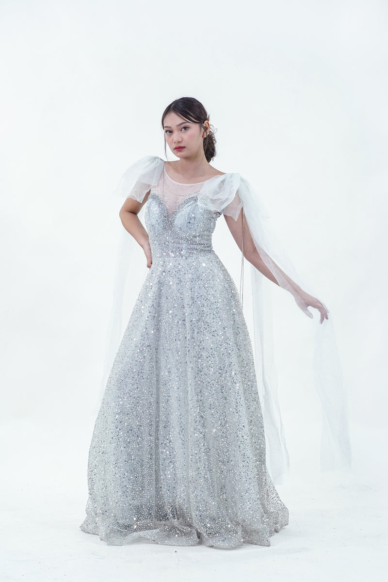 Enchanted Fairy Silver Sparkly Evening Gown - Noelle West Bridals