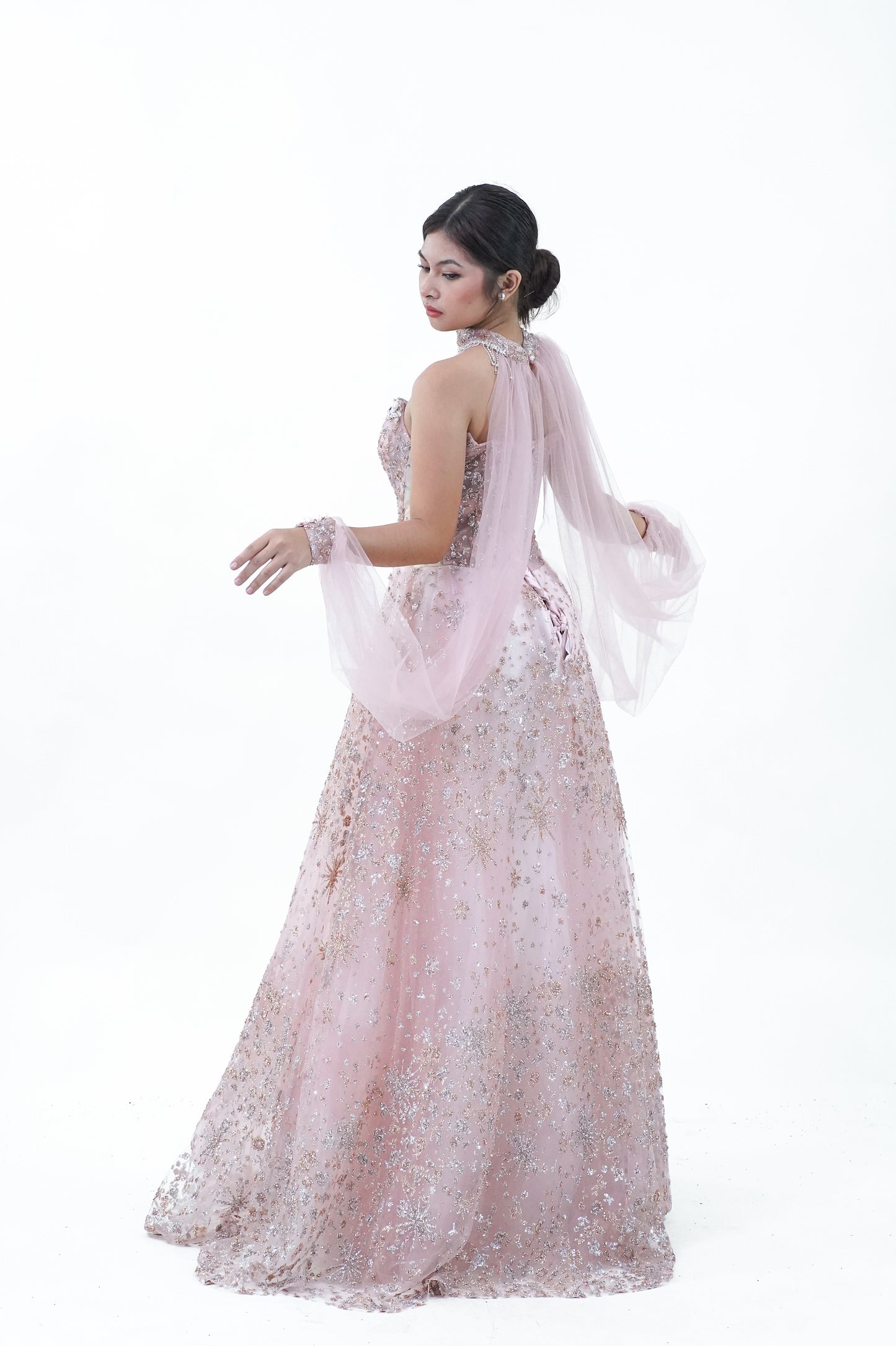 Tube Top Cape Pink Bejeweled Evening Gown - Noelle West Bridals