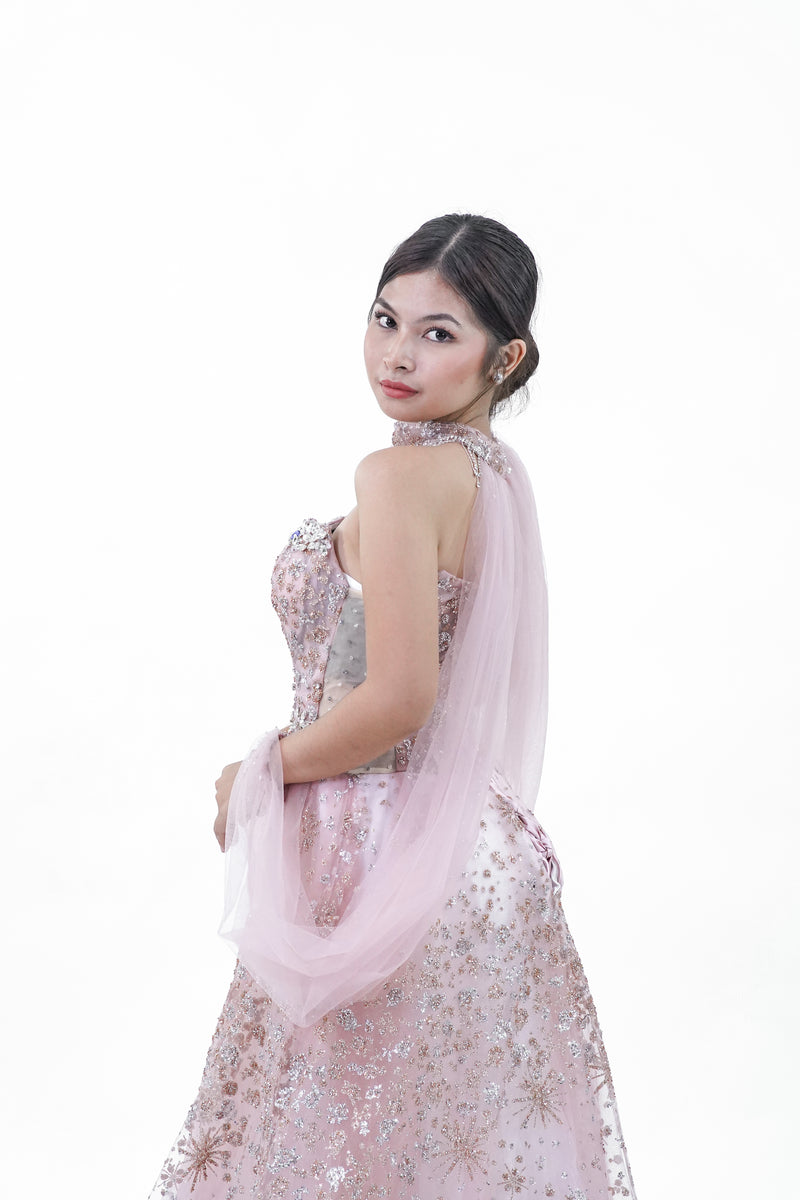 Tube Top Cape Pink Bejeweled Evening Gown - Noelle West Bridals