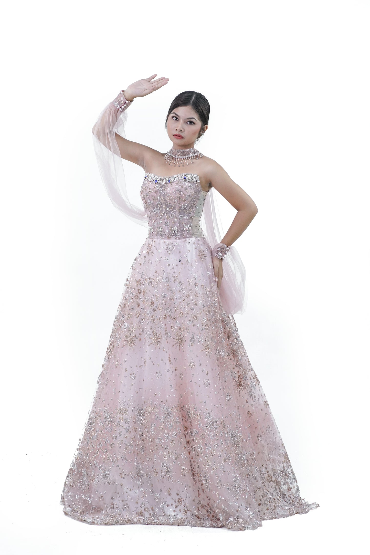 Tube Top Cape Pink Bejeweled Evening Gown - Noelle West Bridals