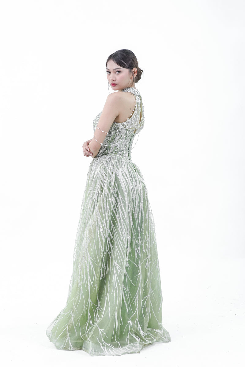 Green Halter Sparkly Evening Gown - Noelle West Bridals