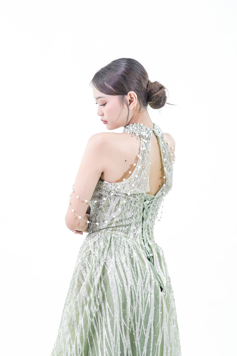 Green Halter Sparkly Evening Gown - Noelle West Bridals
