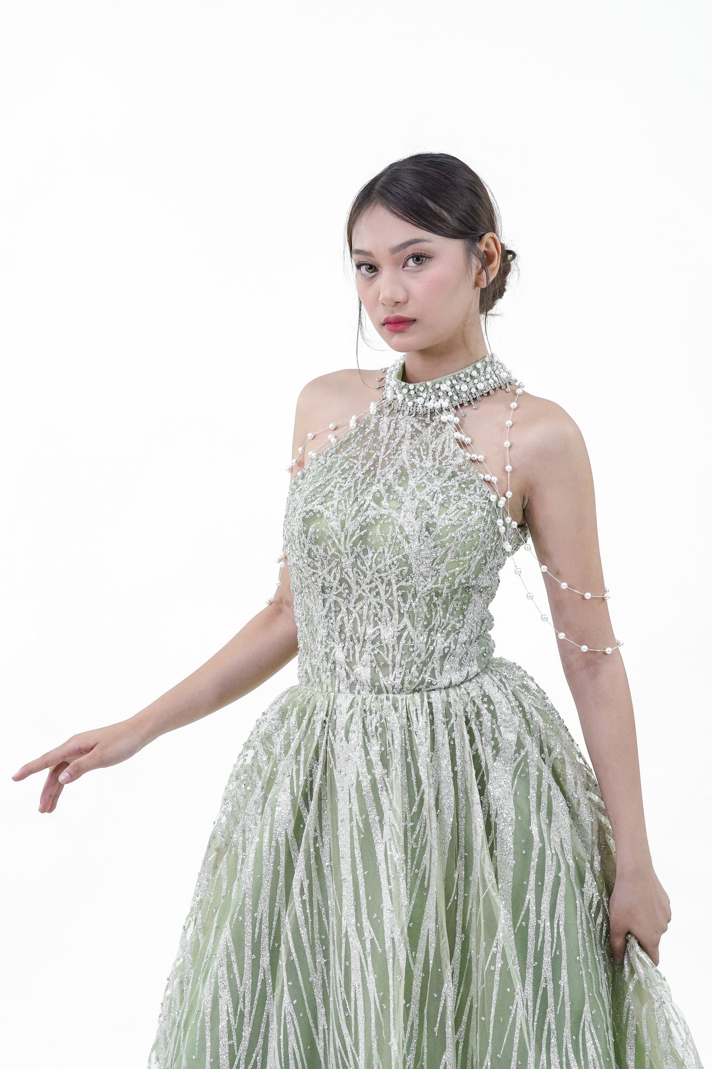 Green Halter Sparkly Evening Gown - Noelle West Bridals