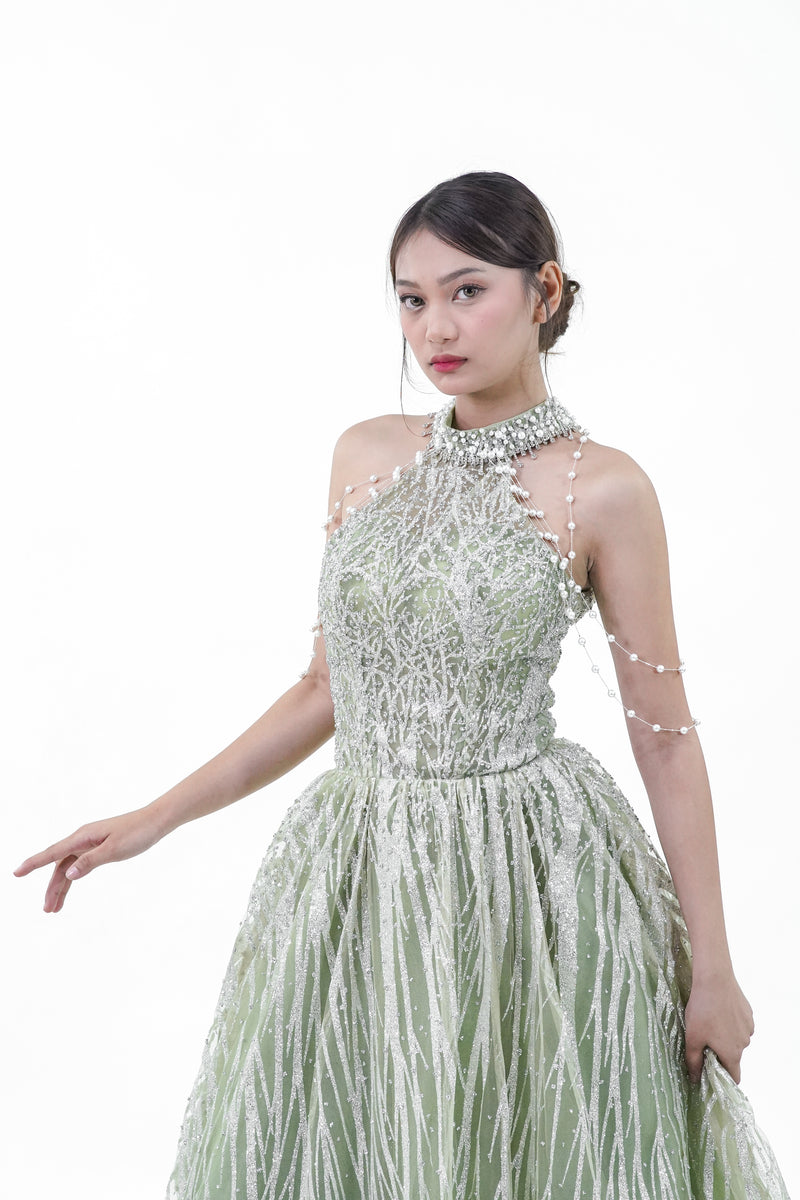 Green Halter Sparkly Evening Gown - Noelle West Bridals
