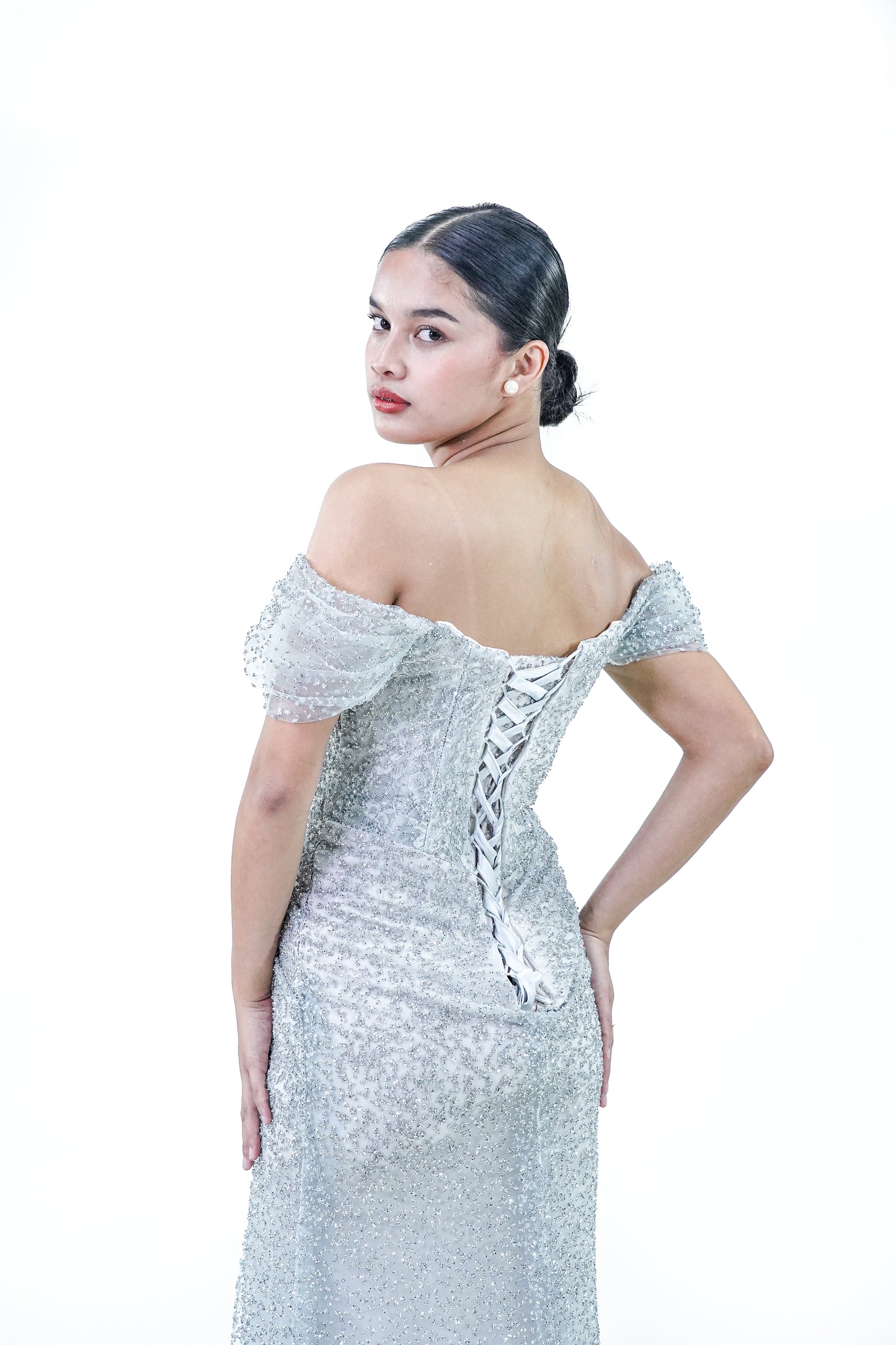 Blue Silver Sparkly Off Shoulder Evening Gown - Noelle West Bridals