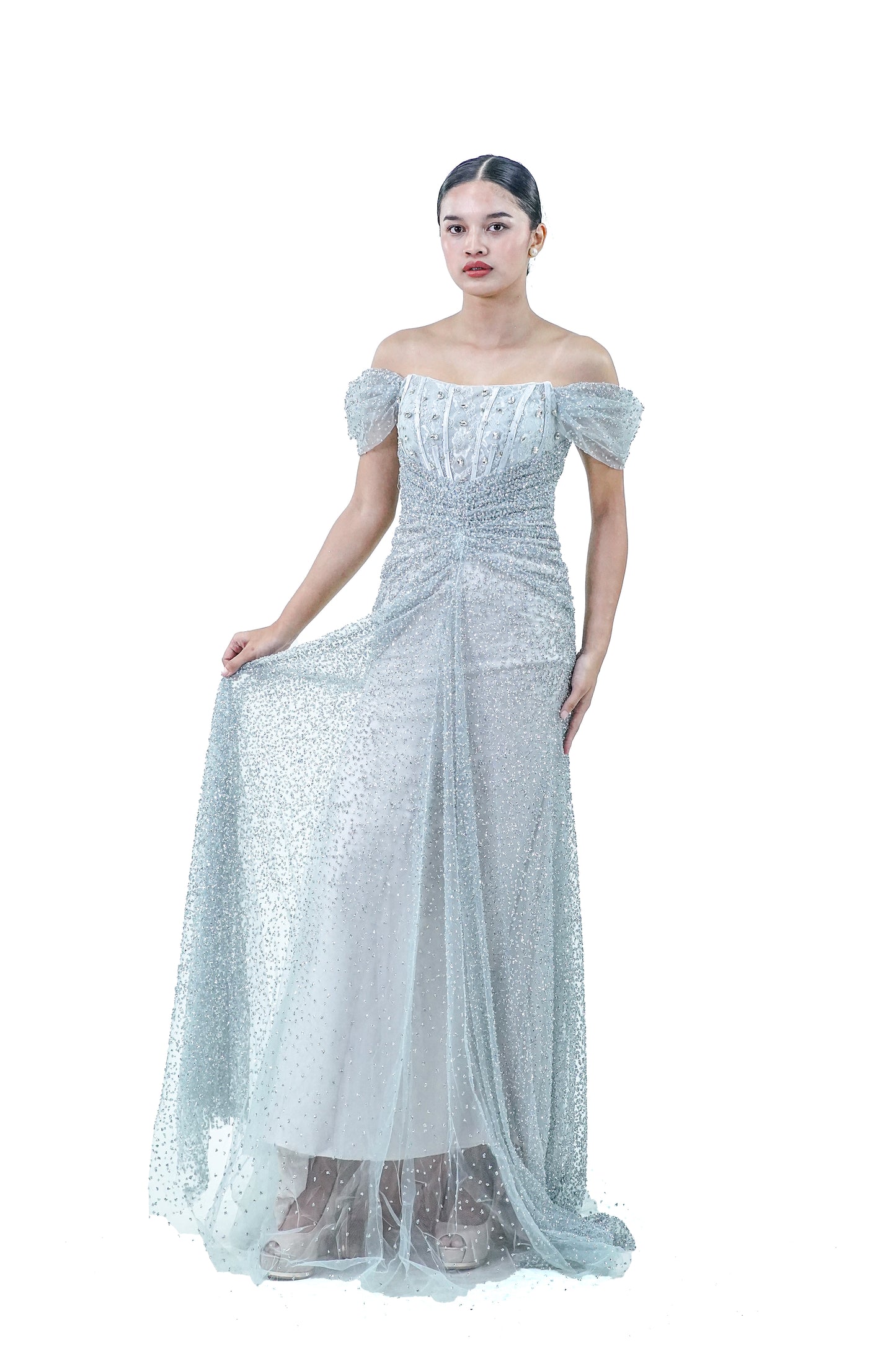 Blue Silver Sparkly Off Shoulder Evening Gown - Noelle West Bridals