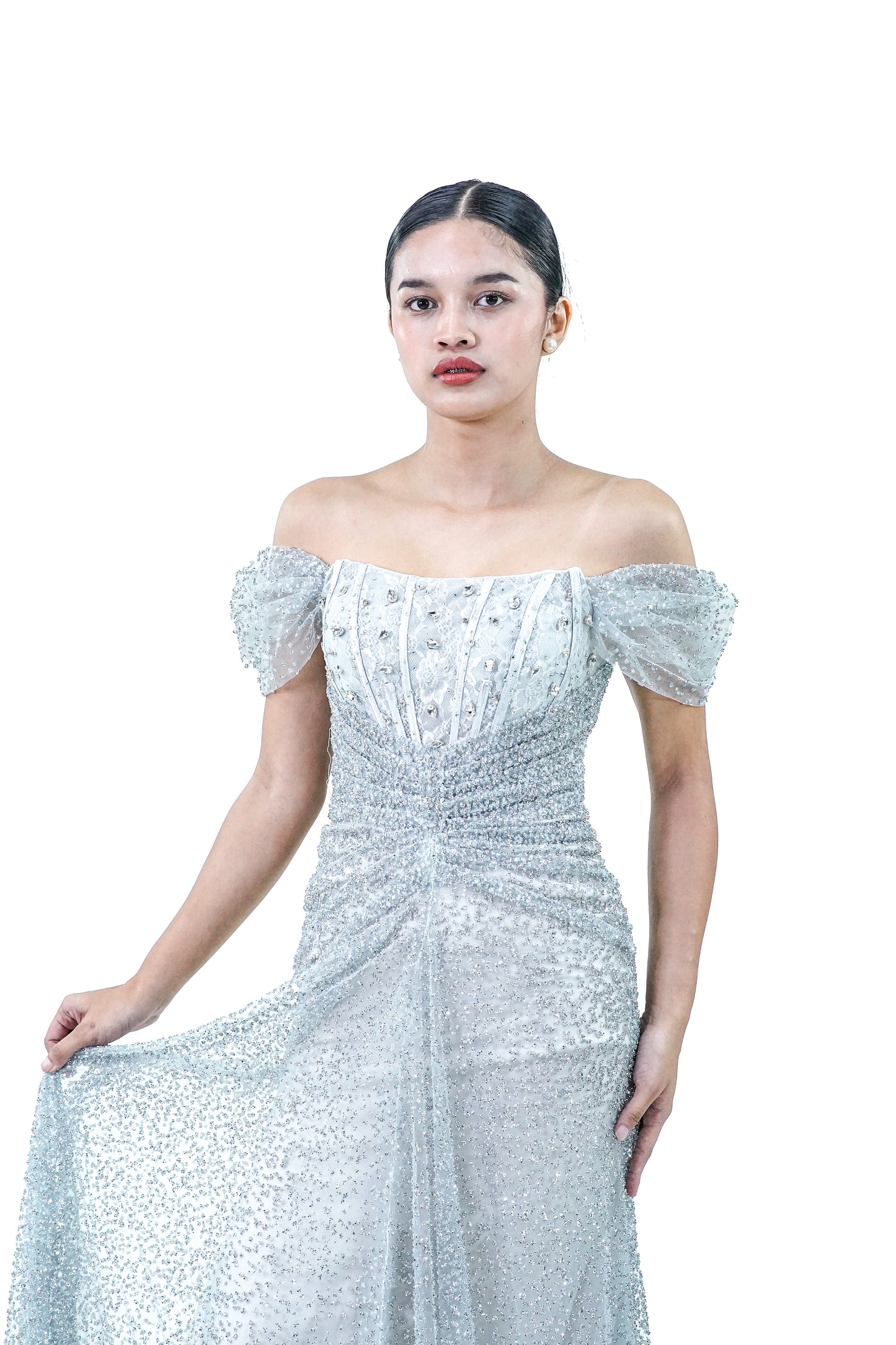 Blue Silver Sparkly Off Shoulder Evening Gown - Noelle West Bridals