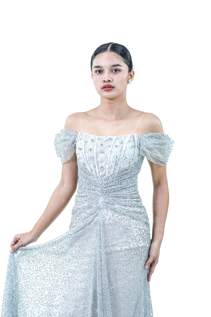 Blue Silver Sparkly Off Shoulder Evening Gown - Noelle West Bridals