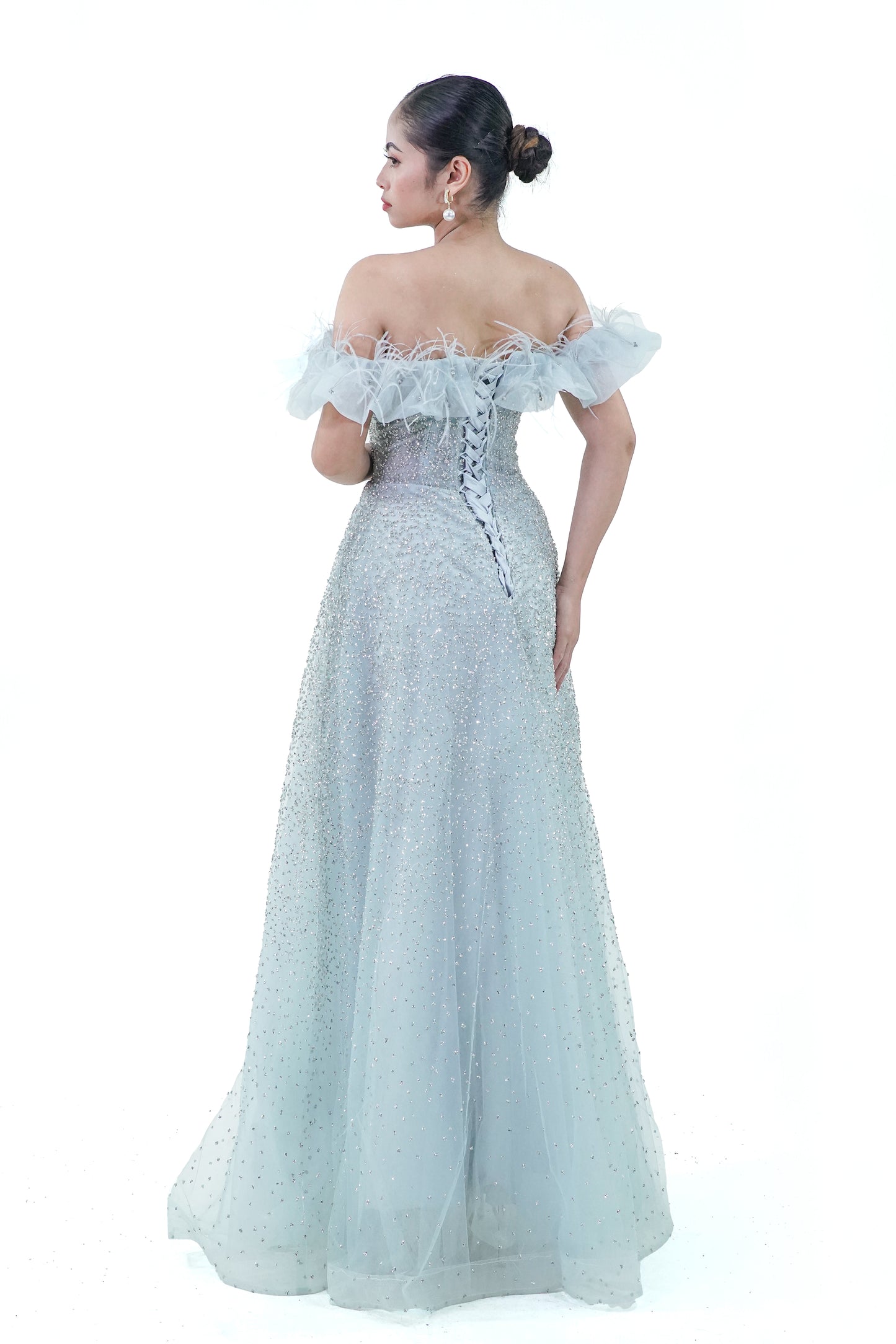 Off-Shoulder Blue Ruffled Evening Gown - Noelle West Bridals