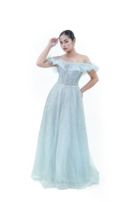 Off-Shoulder Blue Ruffled Evening Gown - Noelle West Bridals