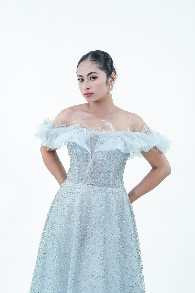 Off-Shoulder Blue Ruffled Evening Gown - Noelle West Bridals