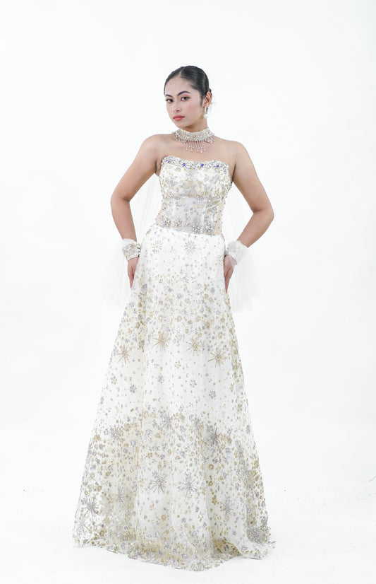 Cuffed Tube Top Bejeweled Yellow Gold Evening Gown - Noelle West Bridals