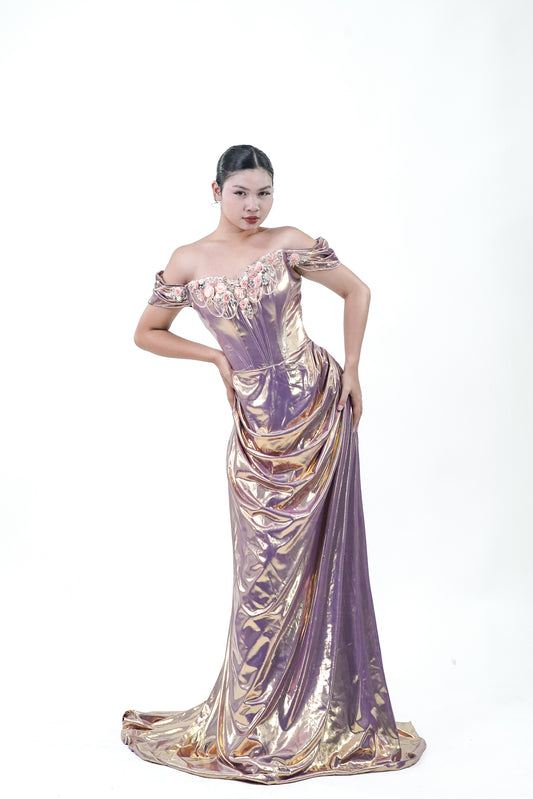 Rose Gold Metallic Floral Evening Gown - Noelle West Bridals