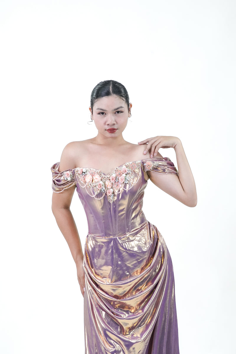 Rose Gold Metallic Floral Evening Gown - Noelle West Bridals