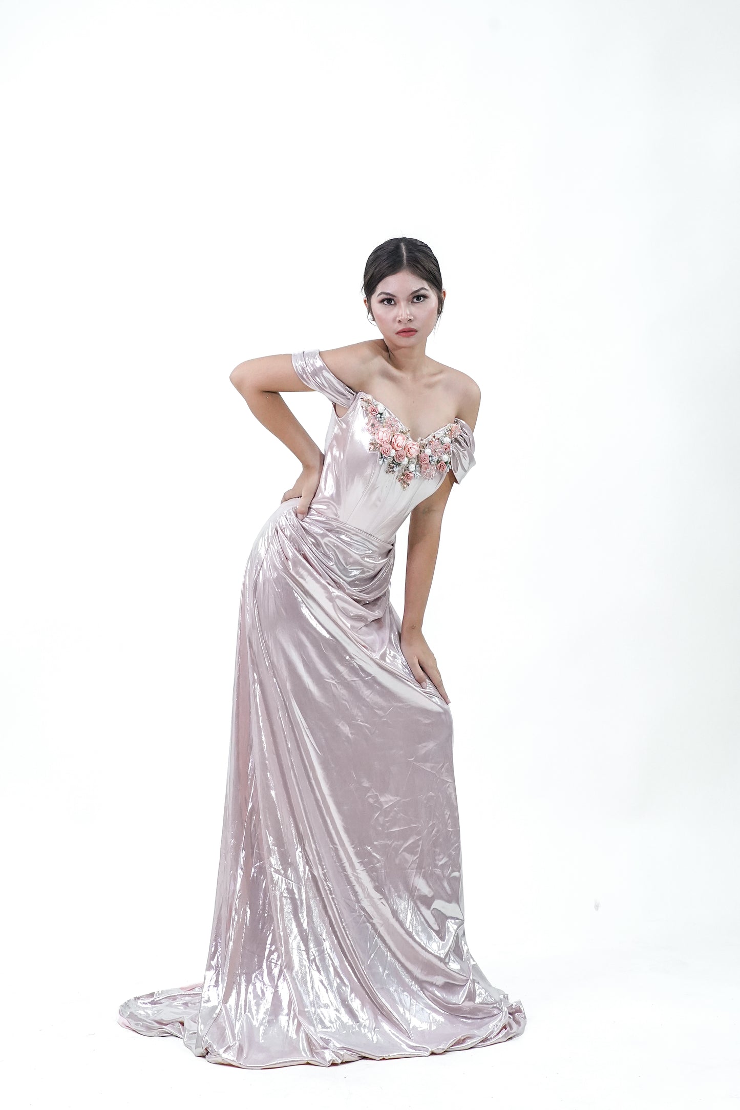 Metallic Old Rose Silver Floral Evening Gown - Noelle West Bridals
