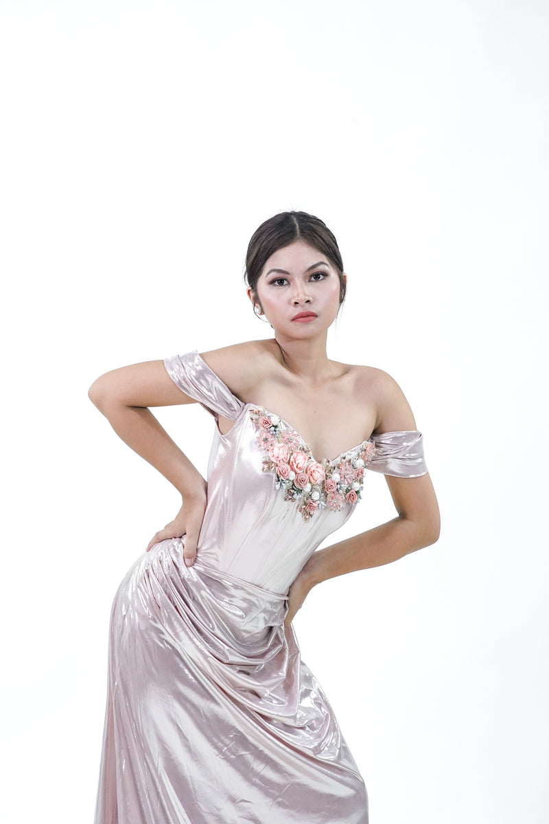 Metallic Old Rose Silver Floral Evening Gown - Noelle West Bridals