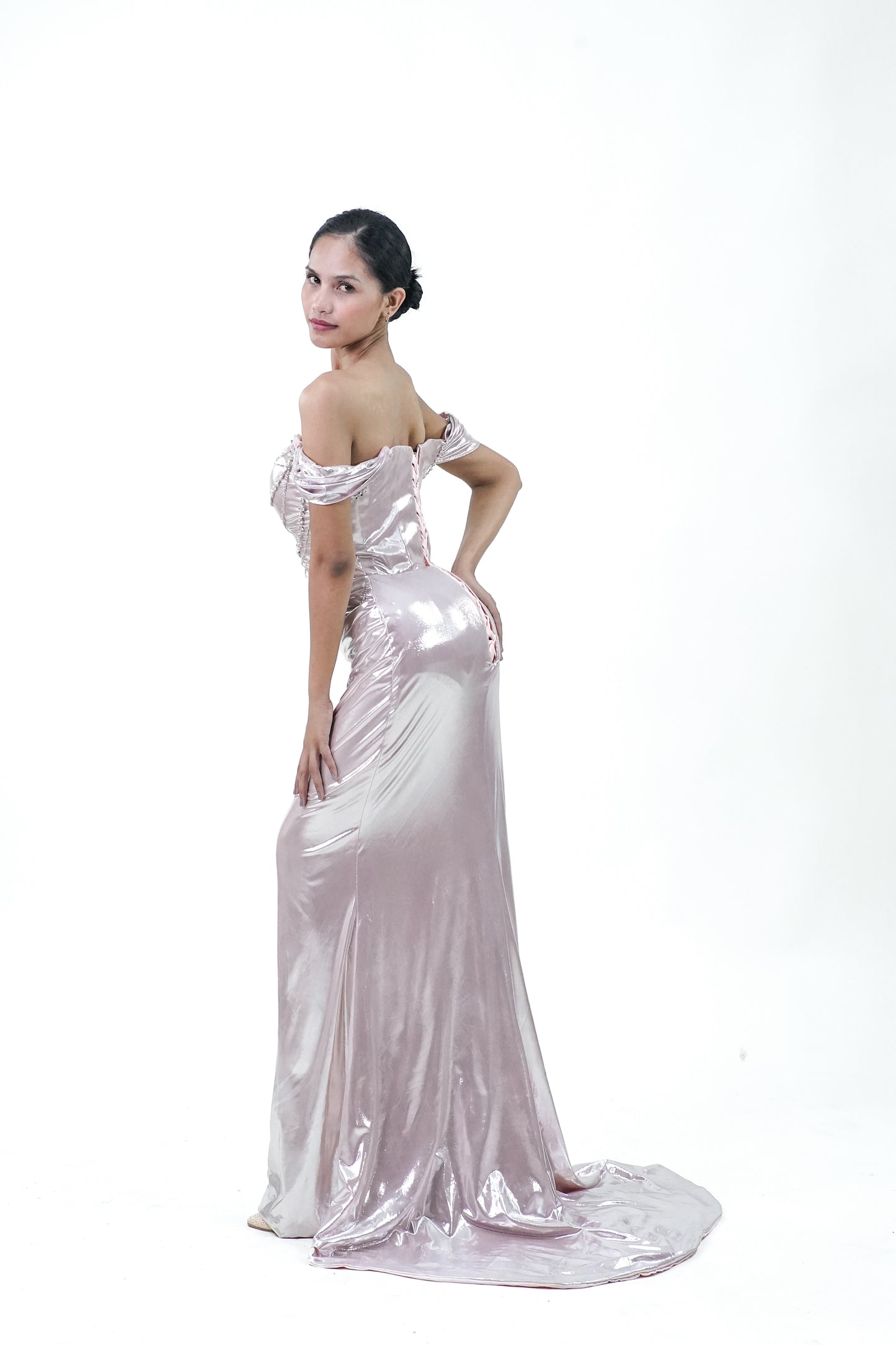 Metallic Old Rose Silver Off-Shoulder Evening Gown - Noelle West Bridals