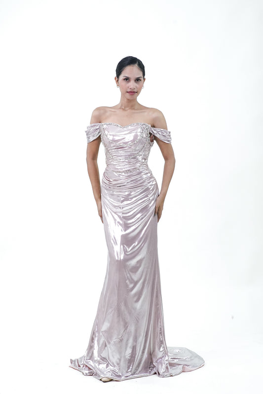 Metallic Old Rose Silver Off-Shoulder Evening Gown - Noelle West Bridals