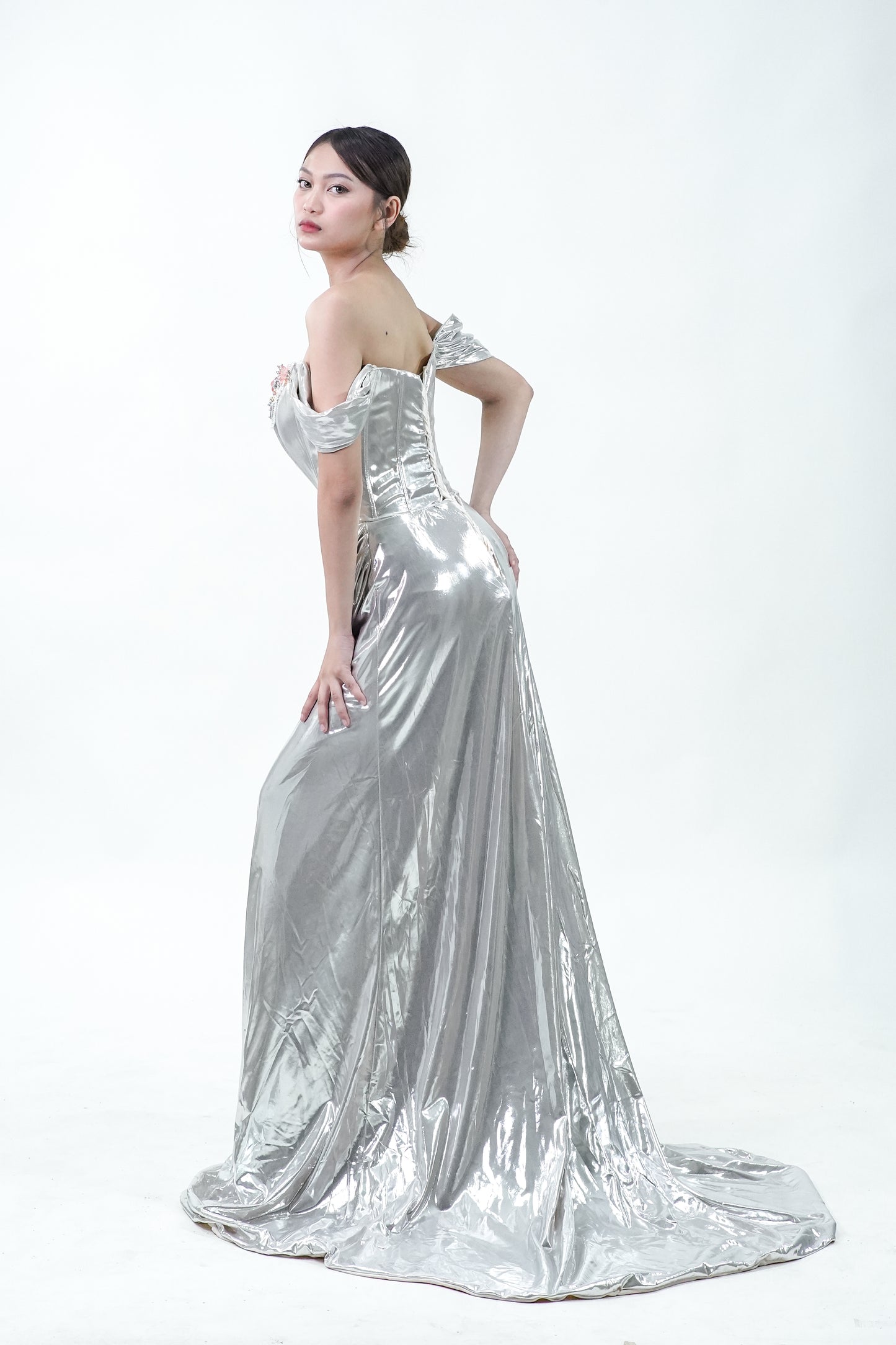 Metallic Silver Floral Off-Shoulder Evening Gown - Noelle West Bridals