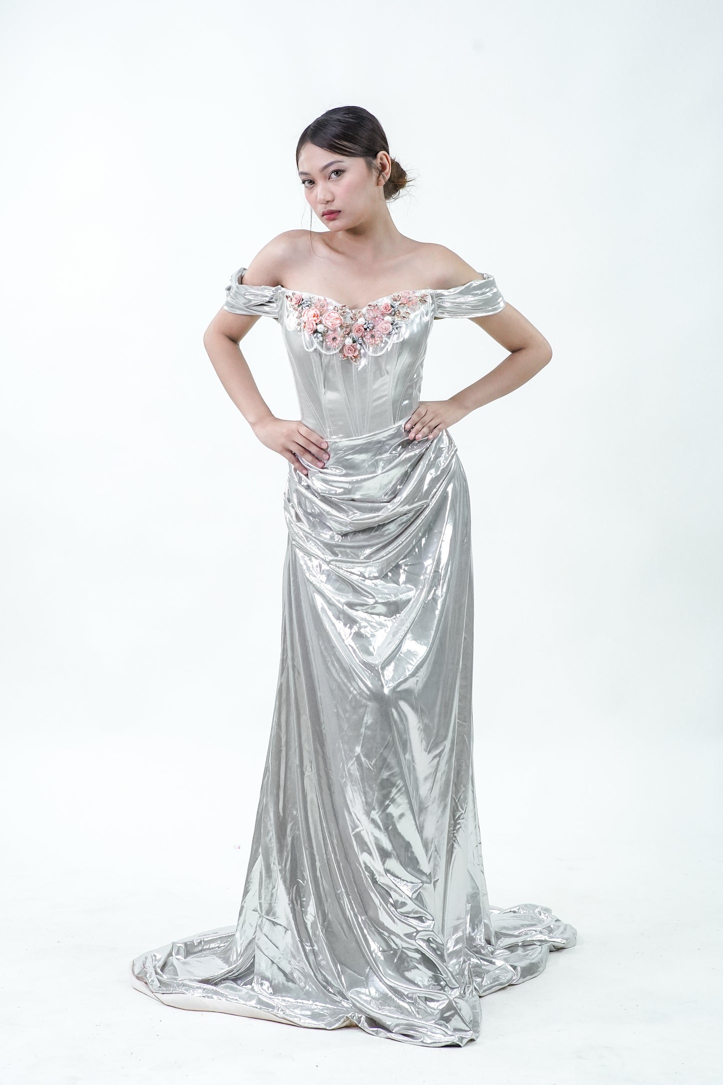 Metallic Silver Floral Off-Shoulder Evening Gown - Noelle West Bridals