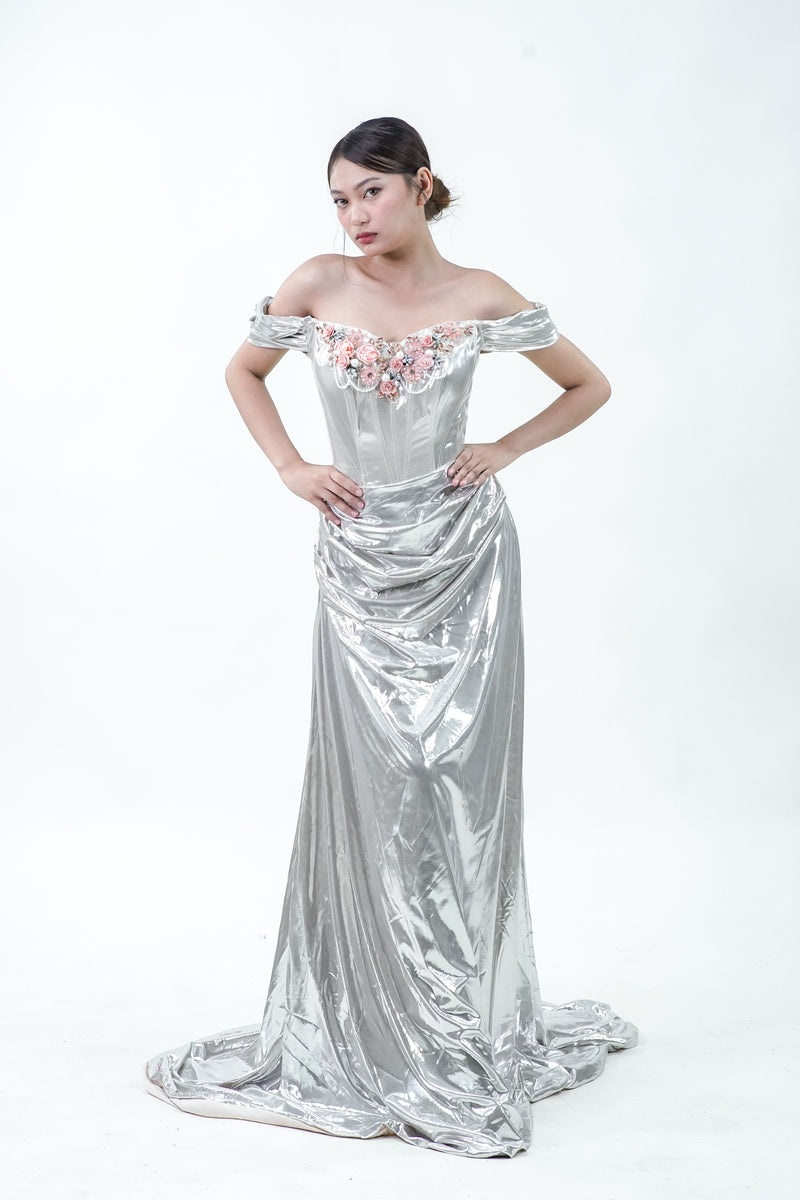 Metallic Silver Floral Off-Shoulder Evening Gown - Noelle West Bridals