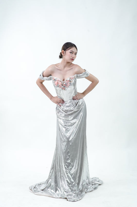 Metallic Silver Floral Off-Shoulder Evening Gown - Noelle West Bridals