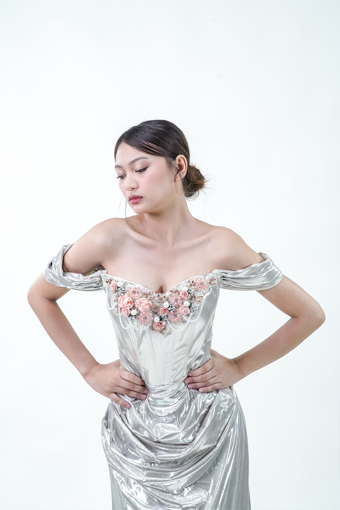 Metallic Silver Floral Off-Shoulder Evening Gown - Noelle West Bridals