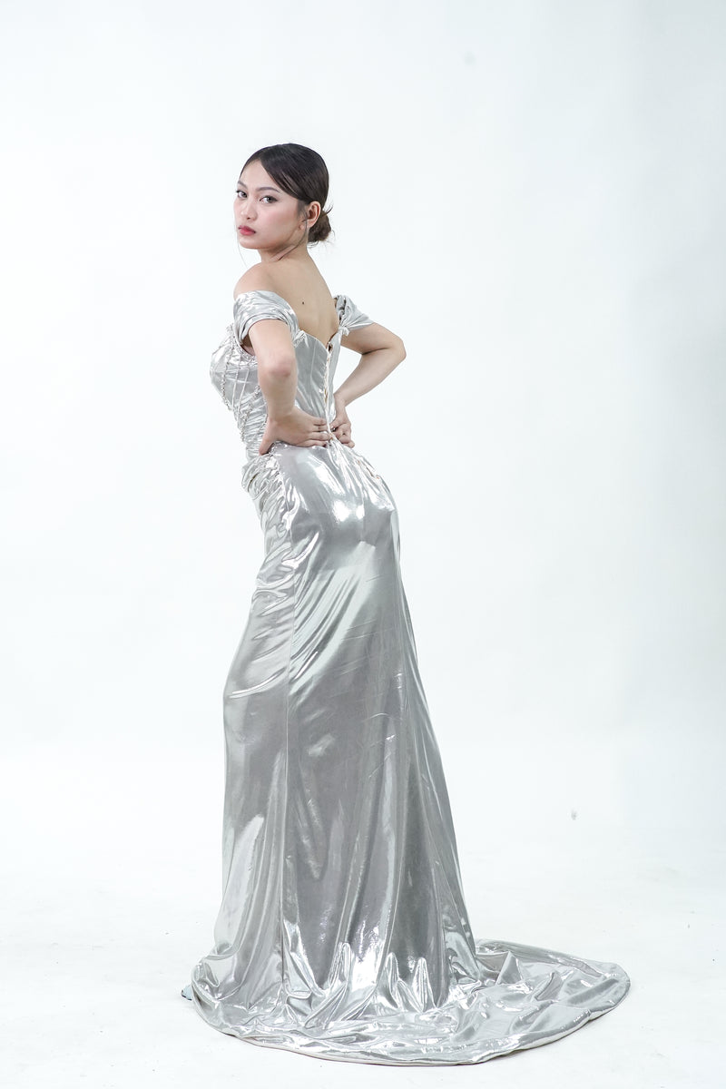 Metallic Silver Off-Shoulder Evening Gown - Noelle West Bridals