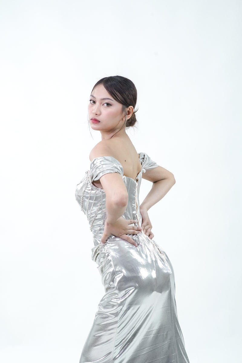 Metallic Silver Off-Shoulder Evening Gown - Noelle West Bridals