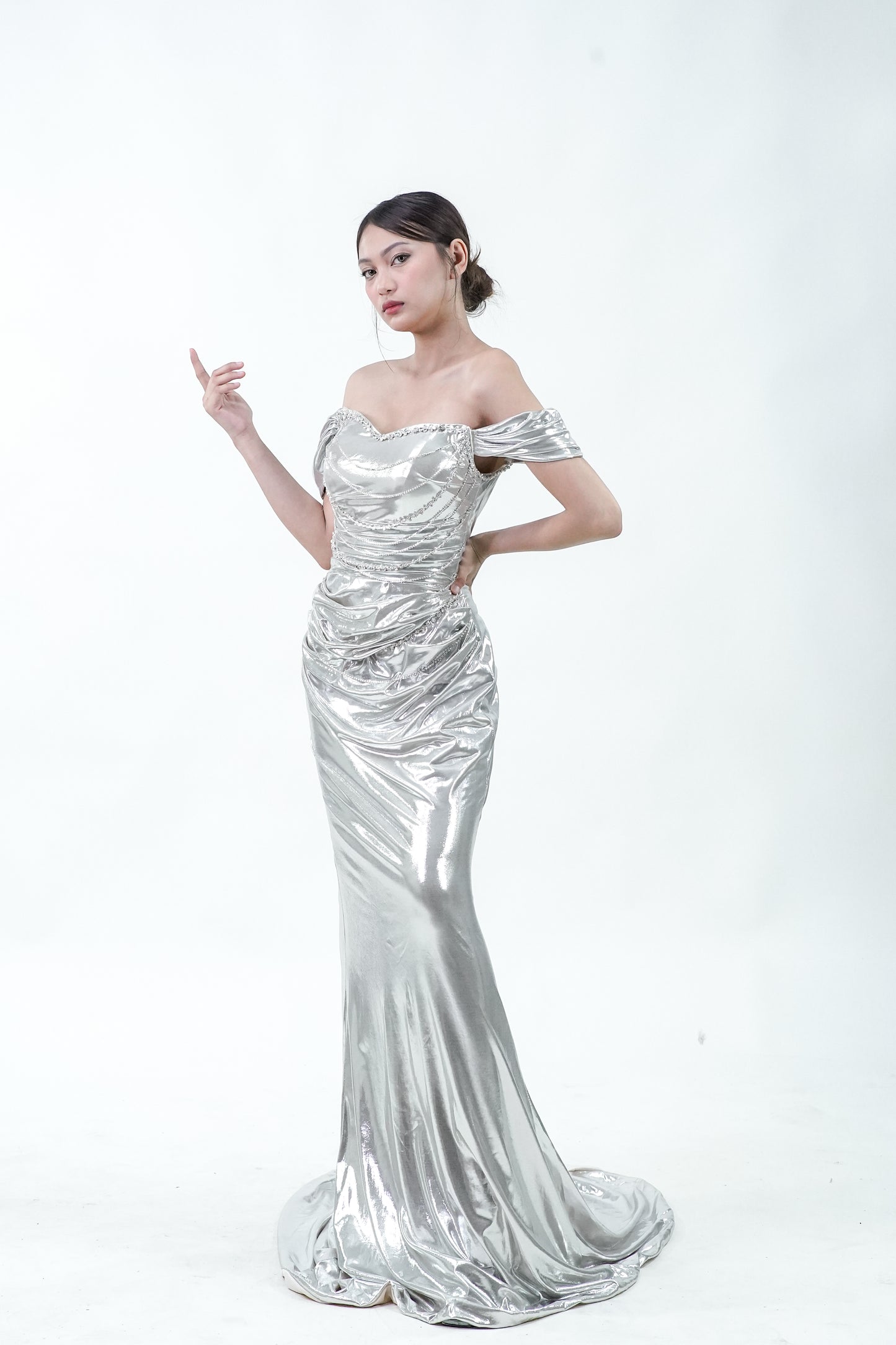 Metallic Silver Off-Shoulder Evening Gown - Noelle West Bridals