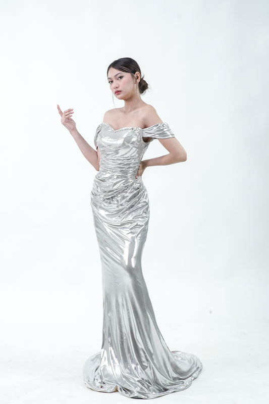 Metallic Silver Off-Shoulder Evening Gown - Noelle West Bridals